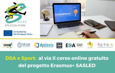 Un volantino di promozione del corso online “DSA e Sport”.