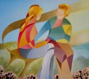 Opera pittorica che raffigura due figure stilizzate, verosimilmente un uomo e una donna, sedute una accanto all’altra che conversano guardandosi in viso.