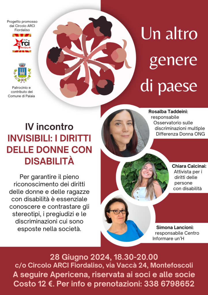 La locandina dell’evento “Invisibili: i diritti delle donne con disabilità” è illustrata con le foto delle donne coinvolte ed il logo del ciclo di incontri “Un altro genere di paese”.