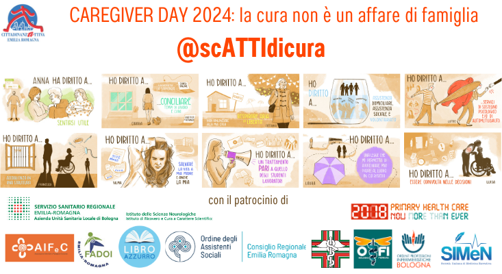 Una realizzazione grafica dedicata al Caregiver Day 2024, sul tema “La cura non è un affare di famiglia”, volta a promuovere la campagna “@scATTIdicura” lanciata da Cittadinanzattiva Emilia-Romagna.