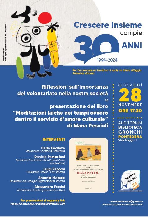 La locandina predisposta per promuovere l’incontro pubblico del 28 novembre 2024, in cui verranno celebrati i trent’anni dalla costituzione dell’Associazione Culturale e Solidale Crescere Insieme di Pontedera (Pisa).