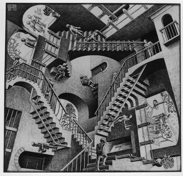“Relativity”, celebre litografia realizzata, nel 1953, dell’artista olandese Maurits Cornelis Escher. L’opera rappresenta l’interno di un edificio con sette scale utilizzate da differenti figure umane stilizzate, ma ogni scala sembra soggetta a fonti di gravità diverse. Nella struttura sono inoltre presenti finestre e porte che conducono ad ambienti esterni simili a parchi verdi.