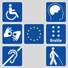 I loghi che rappresentano varie forme di disabilità, con la bandiera dell’Unione Europea al centro.