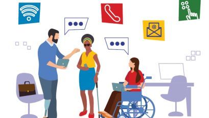 Una realizzazione grafica dedicata all’uso delle tecnologie assistive da parte delle persone con disabilità in un ambiente di lavoro.