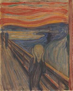 L’urlo (1893–1910), una delle opere più famose del pittore norvegese Edvard Munch, raffigura una persona che urla in preda alla disperazione mentre si tiene la testa tra le mani. Sullo sfondo una staccionata e delle pennellate che suggeriscono un tramonto giallo-arancio su un lago azzurro.