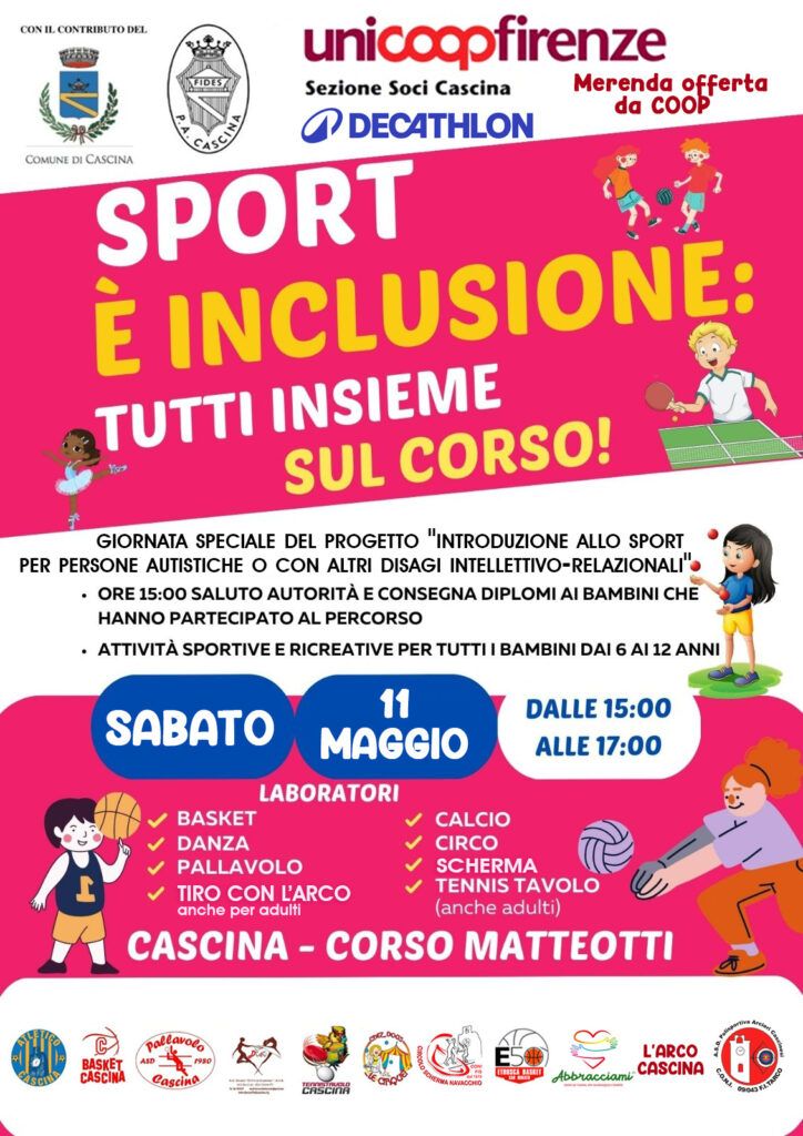 La locandina di “Sport è inclusione: tutti insieme sul Corso!” contiene le informazioni sull’iniziativa ed è illustrata con disegni di bambini e bambine che praticano diversi sport.