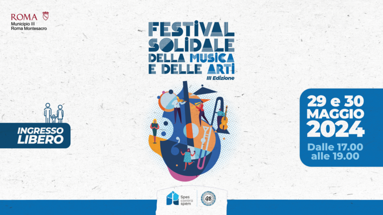 Il banner della terza edizione del Festival Solidale della Musica e delle Arti è illustrato con una “composizione” di disegni che raffigurano diversi artisti e strumenti musicali.