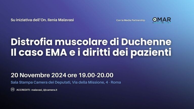 Il banner predisposto per pubblicizzare la conferenza stampa dal titolo “Distrofia muscolare di Duchenne: il caso EMA e i diritti dei pazienti”.