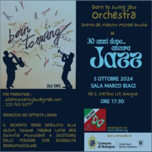 La locandina di “30 anni dopo… ancora Jazz”, un concerto realizzato dalla “Born to Swing Jazz Orchestra” per raccogliere fondi a favore della UILDM di Bologna.