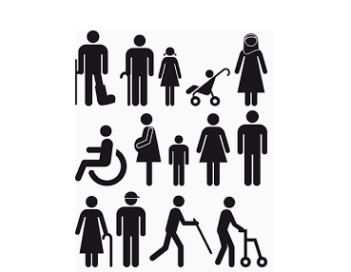 Una realizzazione grafica dedicata all’universal design raffigura le sagome di tante persone diverse per età, genere e altre condizioni fisiche e sociali che devono essere considerate nella progettazione di spazi, ambienti e servizi.