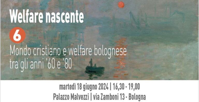 Il banner realizzato per promuovere l’incontro “Mondo cristiano e welfare bolognese tra gli anni ’60 e ’80” contiene gli estremi dell’evento, ed ha come sfondo l’opera pittorica “Impressione, sole nascente”, realizzata da Claude Monet nel 1872.
